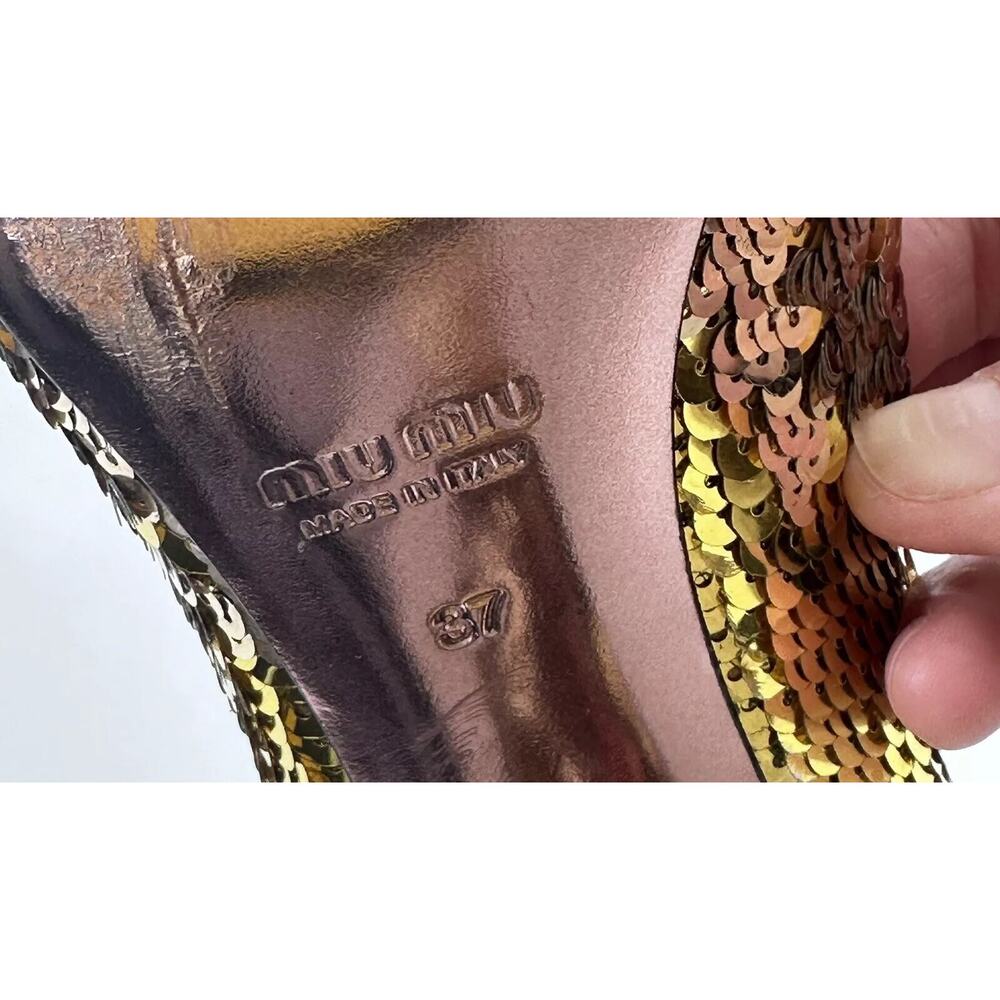 Miu Miu Gold Sequin Open Toe Heels Made In Italy … - image 8